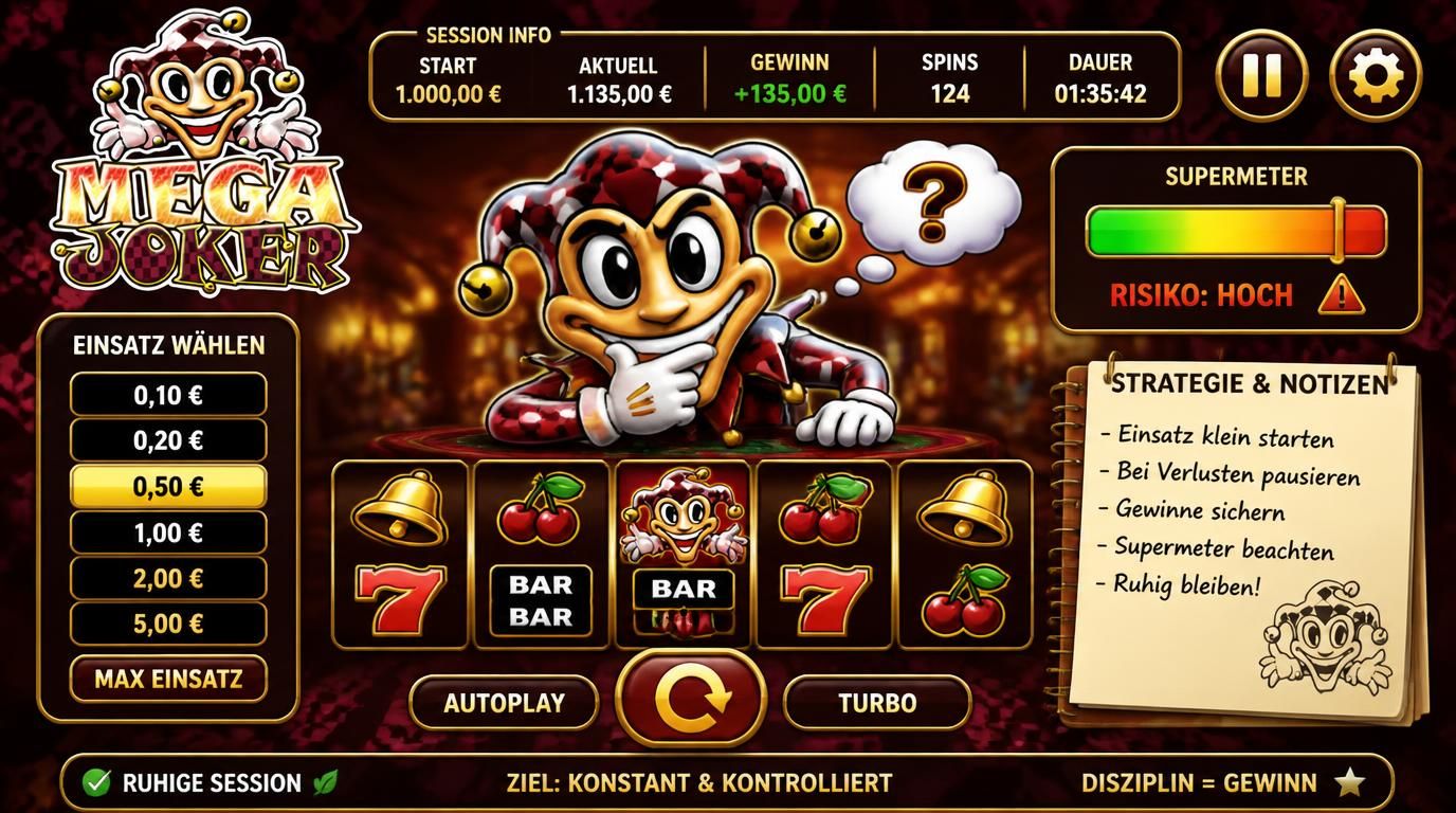 Casino-Automaten-Oberfläche mit virtuellem Guthaben und Joker-Symbolen