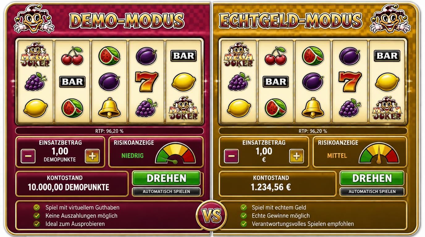 Demo-Modus vs. Echtgeld-Modus visuell gegenübergestellt