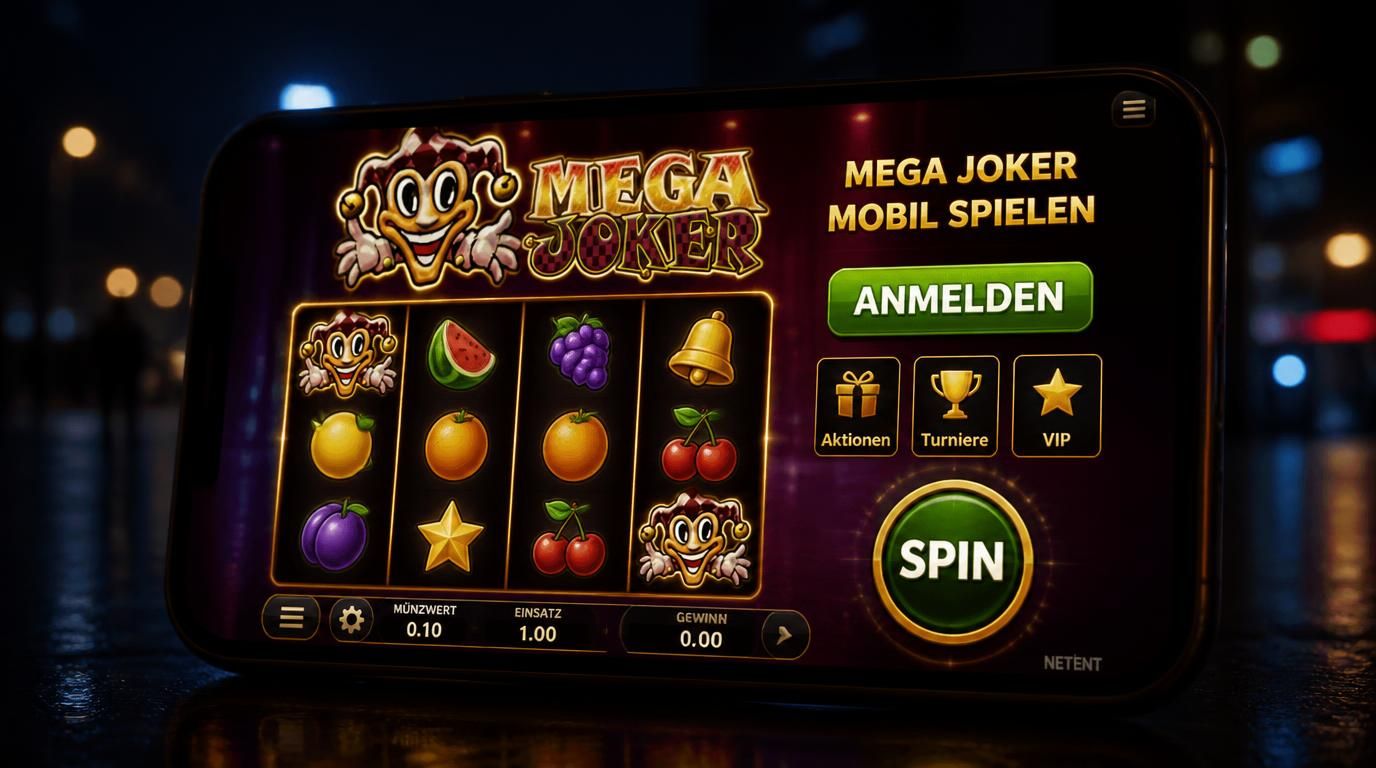Smartphone zeigt Mega Joker Slot mit Login-Schaltfläche in dunkler Umgebung