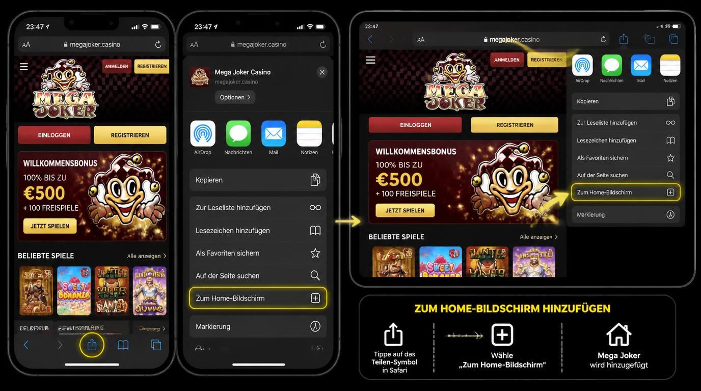 iPhone zeigt Casino-Webseite mit Option „Zum Home-Bildschirm“ im Nachtmodus