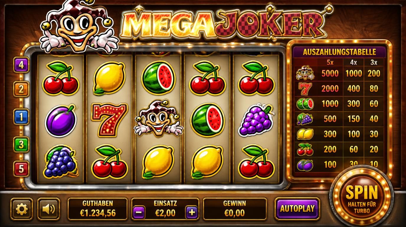 Retro Slot Interface mit Früchten, Joker und klassischen Symbolen